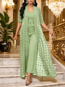 SHEIN Lady Tropical Jamaican European Commuter Brunch Tea Party Vacation Green Jacket And Pants 2 Pieces Set For Women Sage Green Summer Light Green - Green - View 2