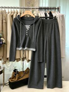 GlowEve Women's Autumn/Winter Casual Daily Colorblock Patchwork Ribbed Fabric Button Decor Hooded Dark Grey Long Sleeve T-Shirt + Loose Comfortable Ribbed - Dark Grey - View 8