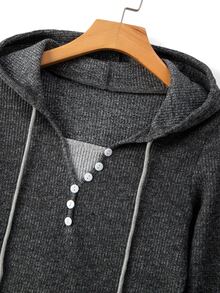 GlowEve Women's Autumn/Winter Casual Daily Colorblock Patchwork Ribbed Fabric Button Decor Hooded Dark Grey Long Sleeve T-Shirt + Loose Comfortable Ribbed - Dark Grey - View 5