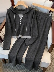GlowEve Women's Autumn/Winter Casual Daily Colorblock Patchwork Ribbed Fabric Button Decor Hooded Dark Grey Long Sleeve T-Shirt + Loose Comfortable Ribbed - Dark Grey - View 1