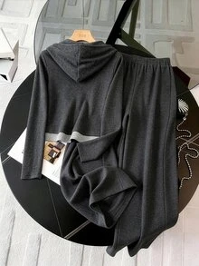 GlowEve Women's Autumn/Winter Casual Daily Colorblock Patchwork Ribbed Fabric Button Decor Hooded Dark Grey Long Sleeve T-Shirt + Loose Comfortable Ribbed - Dark Grey - View 2