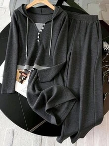 GlowEve Women's Autumn/Winter Casual Daily Colorblock Patchwork Ribbed Fabric Button Decor Hooded Dark Grey Long Sleeve T-Shirt + Loose Comfortable Ribbed - Dark Grey - View 6