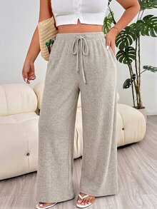 Solflare New Comfortable Soft Elastic Waist Tie-Up Brushed Ribbed Warm Apricot Loose Long Plus Size Pants For Home And Daily Wear - Apricot - View 5