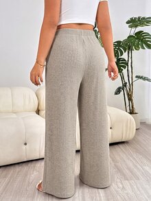 Solflare New Comfortable Soft Elastic Waist Tie-Up Brushed Ribbed Warm Apricot Loose Long Plus Size Pants For Home And Daily Wear - Apricot - View 3