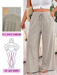 Solflare New Comfortable Soft Elastic Waist Tie-Up Brushed Ribbed Warm Apricot Loose Long Plus Size Pants For Home And Daily Wear - Apricot - View 2
