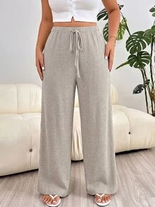 Solflare New Comfortable Soft Elastic Waist Tie-Up Brushed Ribbed Warm Apricot Loose Long Plus Size Pants For Home And Daily Wear - Apricot - View 4