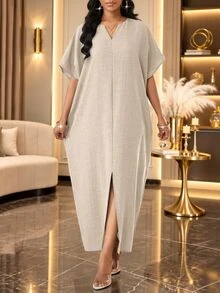 SHEIN Lady 米色寬鬆版型大尺碼亞麻中長洋裝 女款休閒極簡簡約優雅 V領短袖 前開衩 早午餐度假夏季 - 杏色 - 查看 4