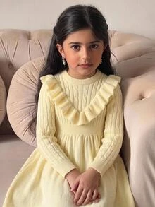 Gaun Rajut Kasual Manis Elegan Berkerut Panjang Sedang untuk Anak Perempuan Remaja, Musim Gugur/Musim Dingin, Beige/Aprikot - Krem - View 1