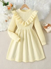 Gaun Rajut Kasual Manis Elegan Berkerut Panjang Sedang untuk Anak Perempuan Remaja, Musim Gugur/Musim Dingin, Beige/Aprikot - Krem - View 2
