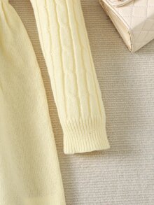 Gaun Rajut Kasual Manis Elegan Berkerut Panjang Sedang untuk Anak Perempuan Remaja, Musim Gugur/Musim Dingin, Beige/Aprikot - Krem - View 4