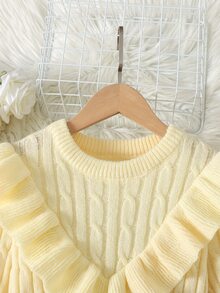 Gaun Rajut Kasual Manis Elegan Berkerut Panjang Sedang untuk Anak Perempuan Remaja, Musim Gugur/Musim Dingin, Beige/Aprikot - Krem - View 5