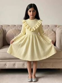 Gaun Rajut Kasual Manis Elegan Berkerut Panjang Sedang untuk Anak Perempuan Remaja, Musim Gugur/Musim Dingin, Beige/Aprikot - Krem - View 7