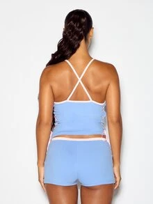 SUMWON WOMEN Lace Me Up Slogan Crop Cami Top With Scoop Neck Pink Contrast Trim And Side Metal Eyelet Lace-Up Ribbon Detail Summer Festival - Blue - View 5