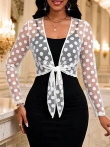 SHEIN Lady Jaket Tipis Wanita Motif Polkadot Putih dengan Simpul Depan, Cocok untuk Kencan, Pesta, Musim Gugur, dan Elegan. - Putih - View 5