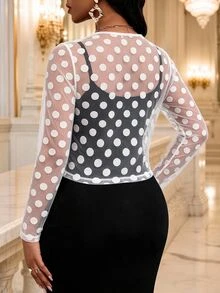 SHEIN Lady Jaket Tipis Wanita Motif Polkadot Putih dengan Simpul Depan, Cocok untuk Kencan, Pesta, Musim Gugur, dan Elegan. - Putih - View 2