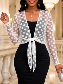 SHEIN Lady Jaket Tipis Wanita Motif Polkadot Putih dengan Simpul Depan, Cocok untuk Kencan, Pesta, Musim Gugur, dan Elegan. - Putih - View 1