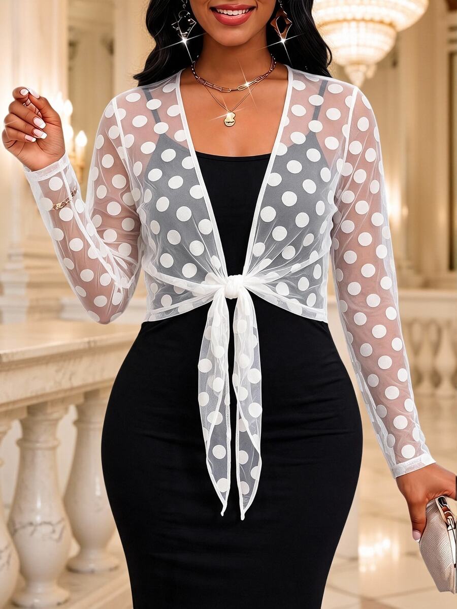 SHEIN Lady Jaket Tipis Wanita Motif Polkadot Putih dengan Simpul Depan, Cocok untuk Kencan, Pesta, Musim Gugur, dan Elegan. - Putih - View 1