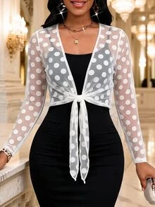 SHEIN Lady Jaket Tipis Wanita Motif Polkadot Putih dengan Simpul Depan, Cocok untuk Kencan, Pesta, Musim Gugur, dan Elegan. - Putih - View 3