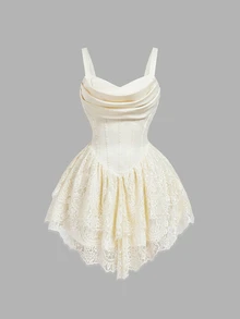 SHEIN MOD Women's Solid Color Lace Patchwork Fashion Minimalist Elegant Dress - Apricot - View 4