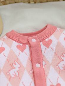SHEIN Baby Girls' Knit Romper, Cartoon Cute Cardigan‑Style Knitted Jumpsuit - Pink - View 7