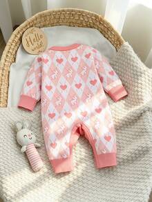 SHEIN Baby Girls' Knit Romper, Cartoon Cute Cardigan‑Style Knitted Jumpsuit - Pink - View 2