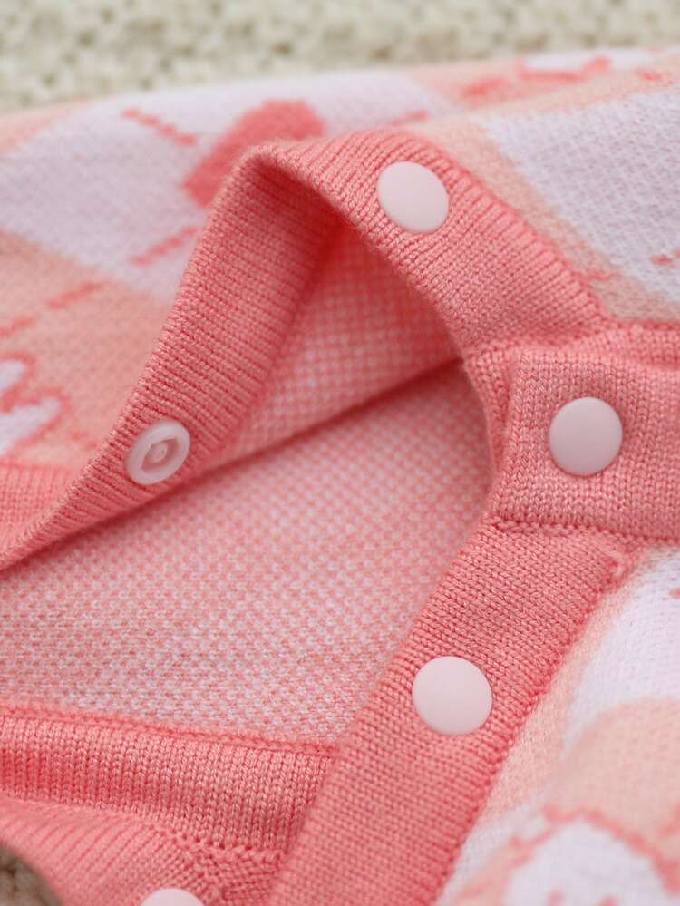 SHEIN Baby Girls' Knit Romper, Cartoon Cute Cardigan‑Style Knitted Jumpsuit - Pink - View 4
