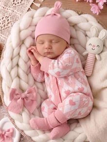 SHEIN Baby Girls' Knit Romper, Cartoon Cute Cardigan‑Style Knitted Jumpsuit - Pink - View 1