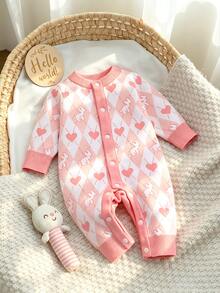 SHEIN Baby Girls' Knit Romper, Cartoon Cute Cardigan‑Style Knitted Jumpsuit - Pink - View 3