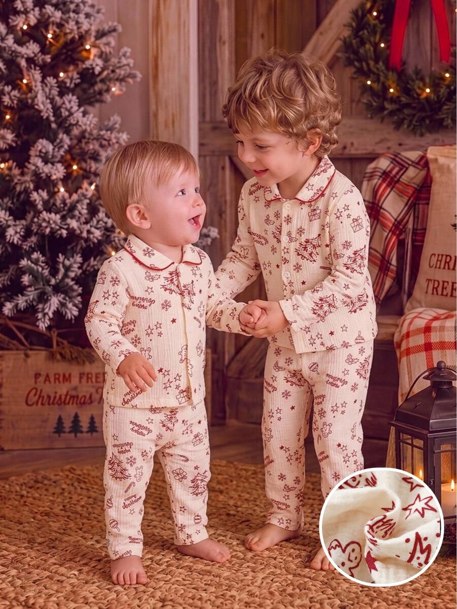 Christmas Autumn Winter Young Boy Outfit Set Festive Atmosphere Cute Christmas Tree Candy Snowman Star Pattern Print Soft Comfortable Cardigan Long Sleeve Pants 2pcs Set - Apricot - View 1