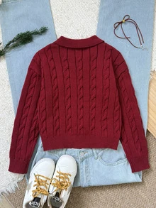 SHEIN 兒童青少年女孩秋冬保暖內裡加厚休閒學院風日常穿著翻領開衩麻花編織紋理寬鬆大碼套頭毛衣 - 酒紅色 - 查看 2
