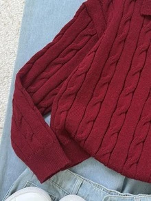 SHEIN 兒童青少年女孩秋冬保暖內裡加厚休閒學院風日常穿著翻領開衩麻花編織紋理寬鬆大碼套頭毛衣 - 酒紅色 - 查看 4