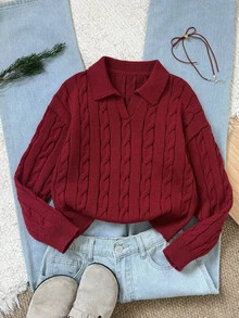 SHEIN 兒童青少年女孩秋冬保暖內裡加厚休閒學院風日常穿著翻領開衩麻花編織紋理寬鬆大碼套頭毛衣 - 酒紅色 - 查看 3