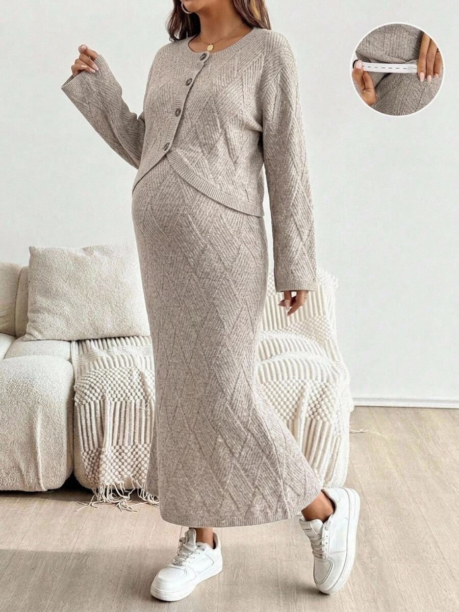 SHEIN Maternity Solid Color Long Sleeve Single-Breasted Knit Cardigan And Adjustable Waist Knit Skirt Set,Autumn And Winter - Camel - View 1