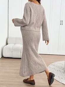 SHEIN Maternity Solid Color Long Sleeve Single-Breasted Knit Cardigan And Adjustable Waist Knit Skirt Set,Autumn And Winter - Camel - View 2