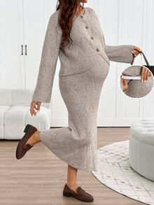 SHEIN Maternity Solid Color Long Sleeve Single-Breasted Knit Cardigan And Adjustable Waist Knit Skirt Set,Autumn And Winter - Camel - View 3