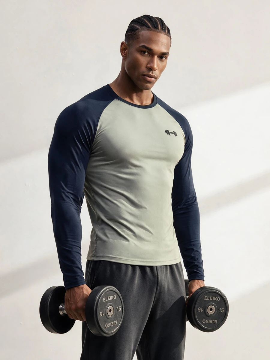 Driftmere Men's Color Block Raglan Sleeve Sports Tee,Black Autumn Athleisure Gym Workout Tops Long Sleeve Crew Neck Compression Shirt,Lightweight Fitted Shirt - Grey - View 1