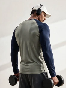 Driftmere Men's Color Block Raglan Sleeve Sports Tee,Black Autumn Athleisure Gym Workout Tops Long Sleeve Crew Neck Compression Shirt,Lightweight Fitted Shirt - Grey - View 3