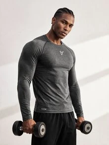 Driftmere Men's Bull Print Crew Neck Raglan Sleeve Sports T-Shirt Workout Tops Gym Top Fall Compression Shirt Breathable Fitted Men, Lightweight - Dark Grey - View 2