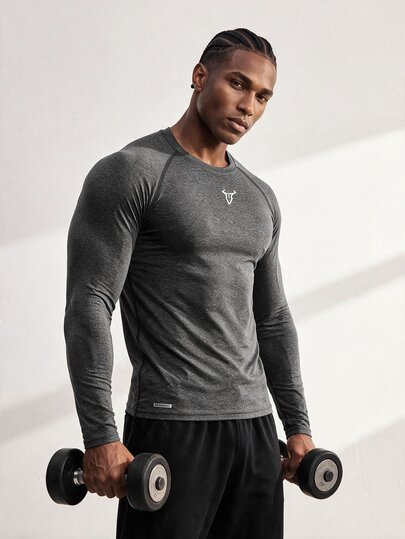 Driftmere Men's Bull Print Crew Neck Raglan Sleeve Sports T-Shirt Workout Tops Gym Top Fall Compression Shirt Breathable Fitted Men, Lightweight