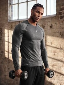 Driftmere Men's Bull Print Crew Neck Raglan Sleeve Sports T-Shirt Workout Tops Gym Top Fall Compression Shirt Breathable Fitted Men, Lightweight - Dark Grey - View 1