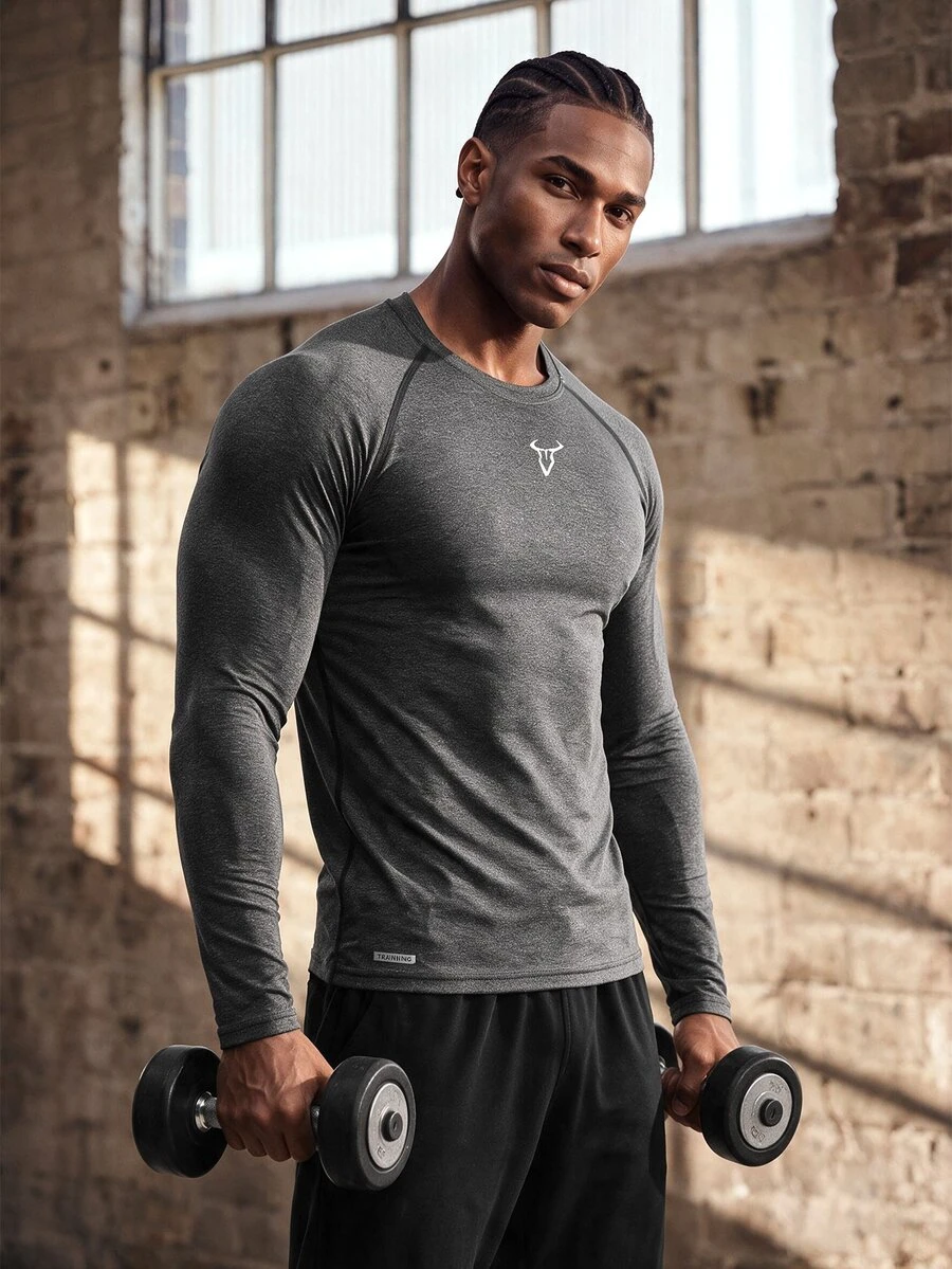 Driftmere Men's Bull Print Crew Neck Raglan Sleeve Sports T-Shirt Workout Tops Gym Top Fall Compression Shirt Breathable Fitted Men, Lightweight - Dark Grey - View 1
