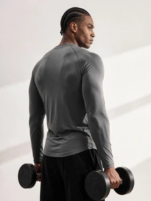 Driftmere Boyfriend Style Men's Letter & National Pattern Sports T-Shirt , Gym Long Sleeve Tops, Men Workout Top Fall Breathable Compression Shirt Lightweight - Grey - View 3