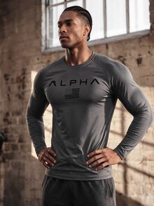 Driftmere Boyfriend Style Men's Letter & National Pattern Sports T-Shirt , Gym Long Sleeve Tops, Men Workout Top Fall Breathable Compression Shirt Lightweight - Grey - View 1