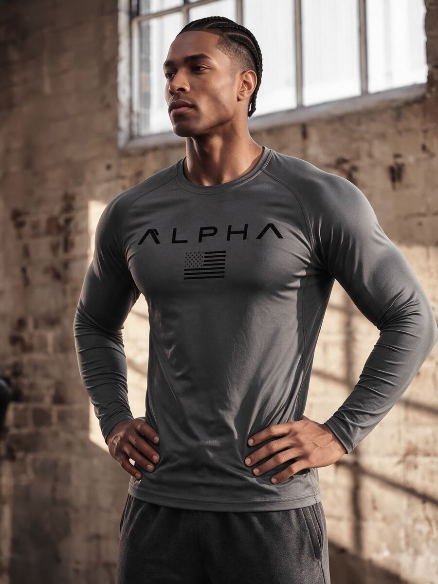 Driftmere Boyfriend Style Men's Letter & National Pattern Sports T-Shirt , Gym Long Sleeve Tops, Men Workout Top Fall Breathable Compression Shirt Lightweight - Grey - View 1