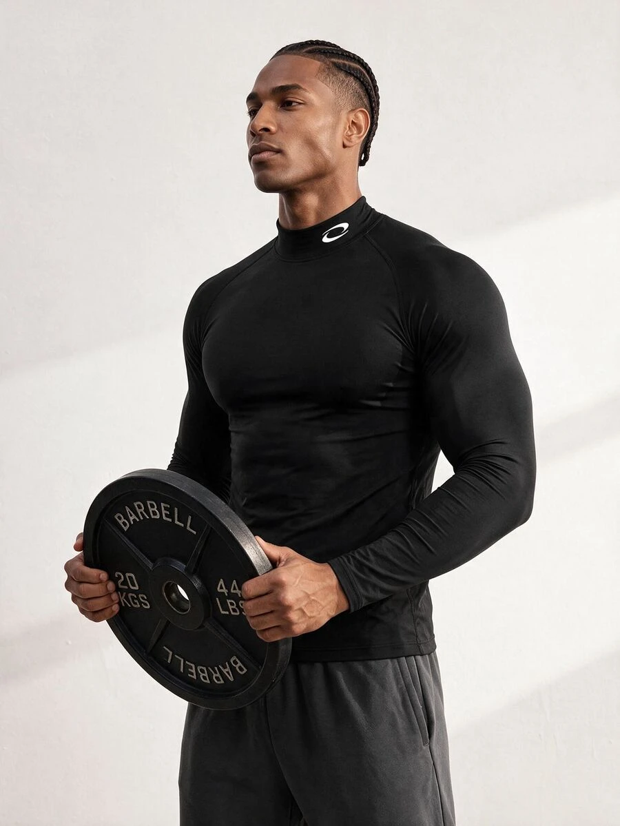 Driftmere Men's Graphic Print Stand Collar Raglan Long Sleeve Black Sports T-Shirt, Spring/Autumn, Gym - Multicolor - View 1