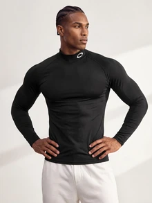 Driftmere Men's Graphic Print Stand Collar Raglan Long Sleeve Black Sports T-Shirt, Spring/Autumn, Gym - Multicolor - View 4