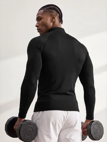 Driftmere Men's Graphic Print Stand Collar Raglan Long Sleeve Black Sports T-Shirt, Spring/Autumn, Gym - Multicolor - View 3