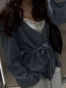 DAZY Grey V-Neck Tie Waist Loose Batwing Sleeve Long Sleeve Fuzzy Casual Knit Cardigan - Grey - View 1