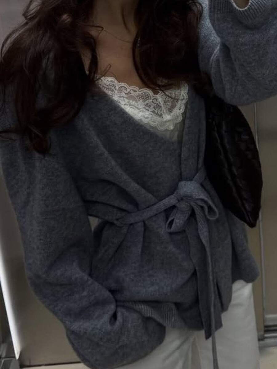 DAZY Grey V-Neck Tie Waist Loose Batwing Sleeve Long Sleeve Fuzzy Casual Knit Cardigan - Grey - View 1