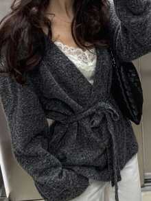 DAZY Grey V-Neck Tie Waist Loose Batwing Sleeve Long Sleeve Fuzzy Casual Knit Cardigan - Grey - View 8